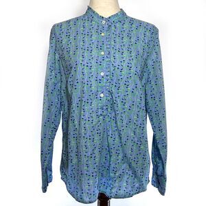 Talbots Women's Blue Cotton Ruffle Neck Popover Top Medium